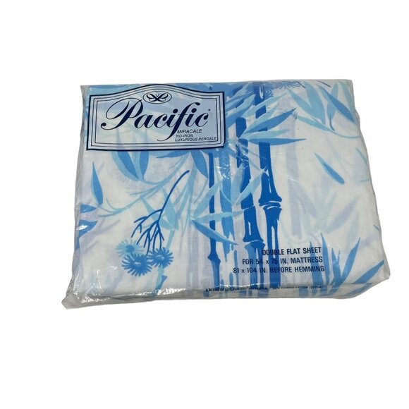 Pacific Blue Floral/Bamboo Double Flat Sheet 54x75 Mattress Vintage Cotton Blend - Picture 2 of 5